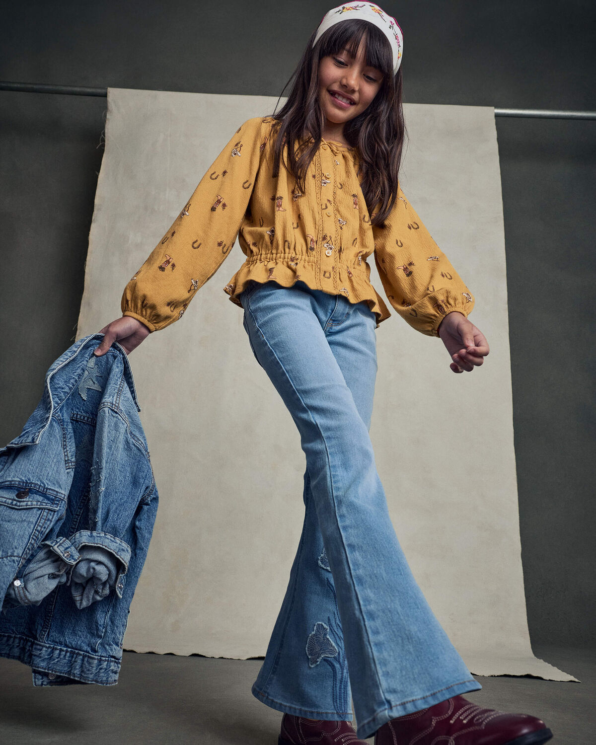 Girls Floral Denim Flare Jeans - Light Wash - Image 2