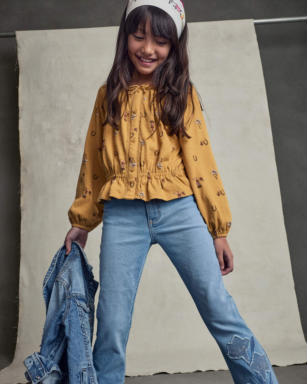 Girls Floral Denim Flare Jeans - Light Wash - Image 3