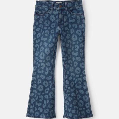 Girls Leopard Denim Flare Jeans - Dark Wash