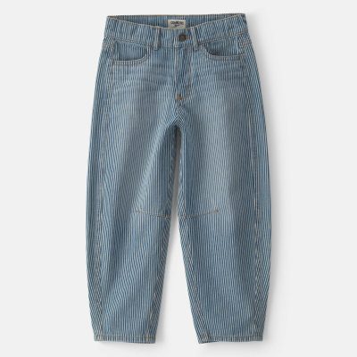 Girls Hickory Stripe Denim Barrel Jeans - Light Wash