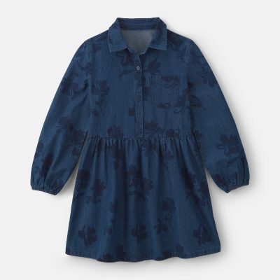 Girls Floral Denim Long-Sleeve Dress - Dark Wash