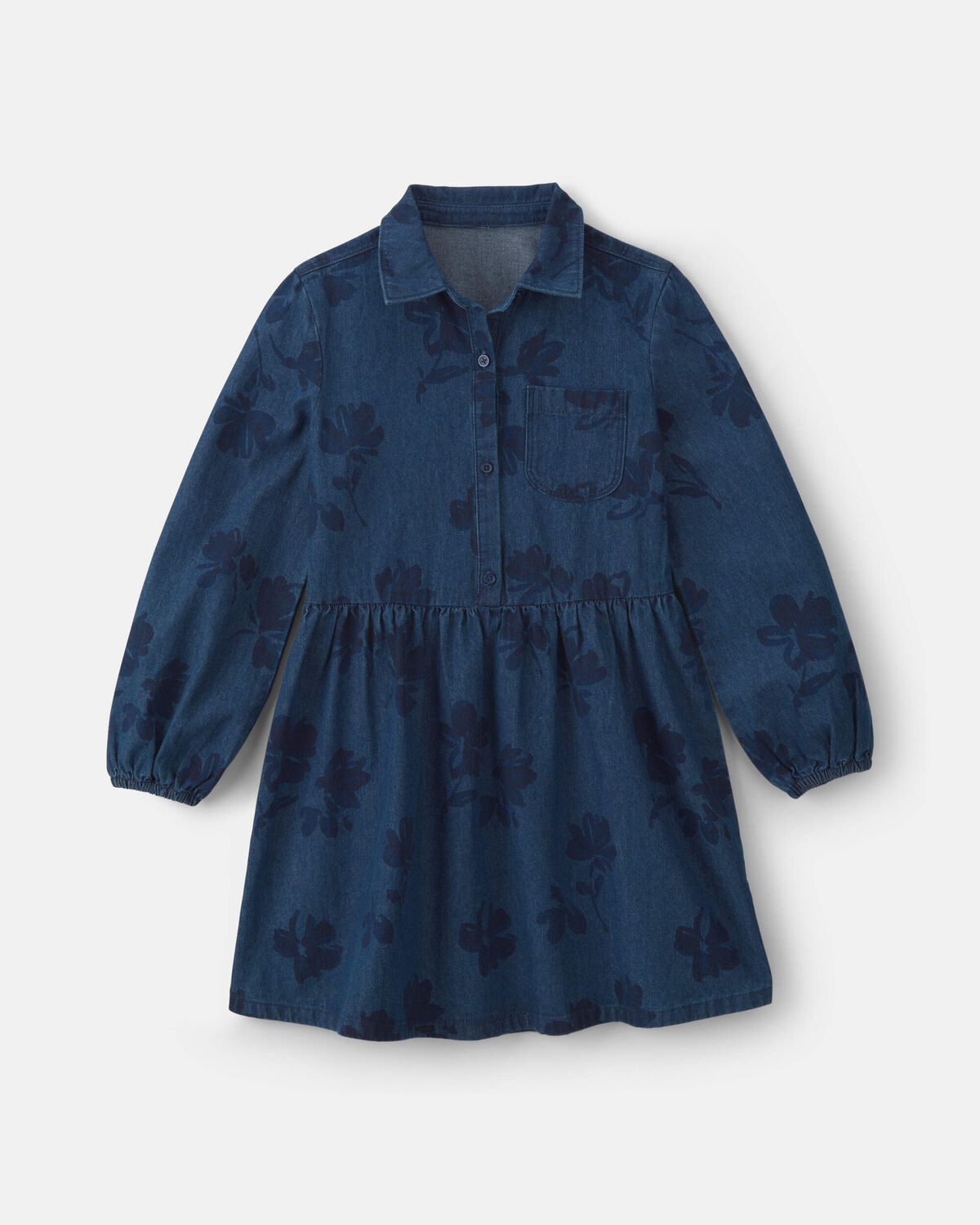 Girls Floral Denim Long-Sleeve Dress - Dark Wash