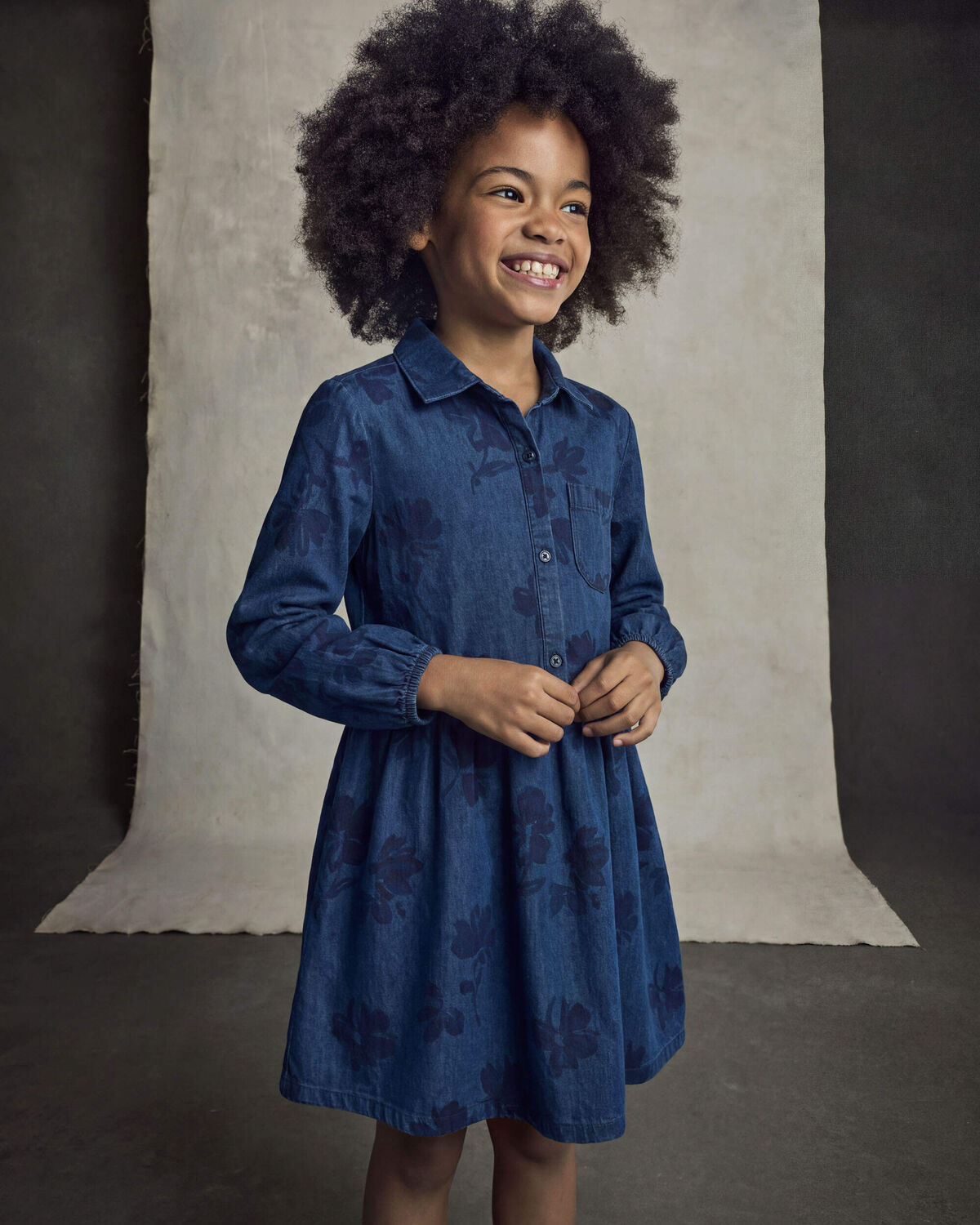 Girls Floral Denim Long-Sleeve Dress - Dark Wash - Image 4