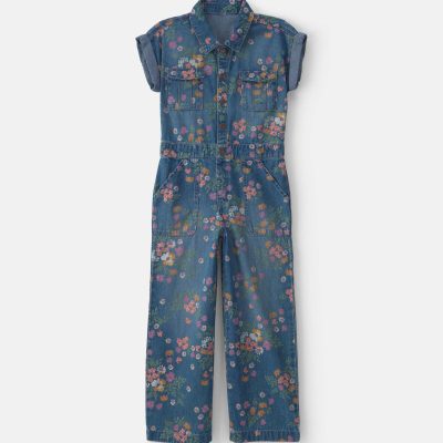 Girls Floral Denim Short-Sleeve Jumpsuit - Dark Wash