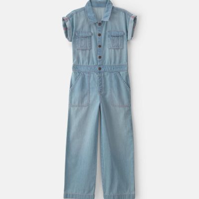 Girls Denim Short-Sleeve Jumpsuit - Light Wash