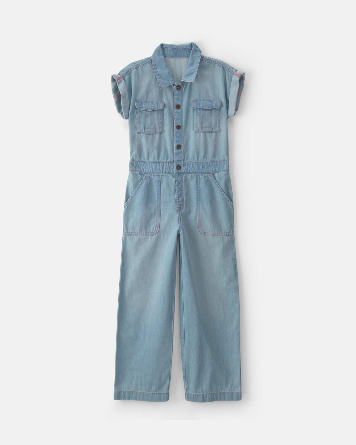 Girls Denim Short-Sleeve Jumpsuit - Light Wash