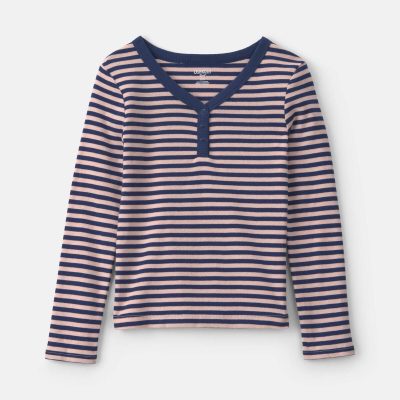 Girls Striped Long-Sleeve Rib Top - Pink/Navy Blue