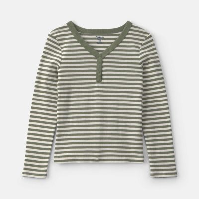 Girls Striped Long-Sleeve Rib Top - Green/White