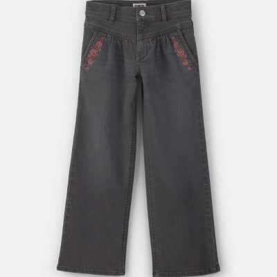 Girls Floral Denim Wide-Leg Pants - Dark Wash