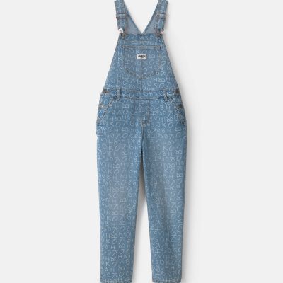 Girls Alphabet Denim Overalls - Light Wash