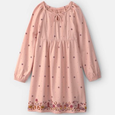 Girls Floral Twill Long-Sleeve Dress - Pink