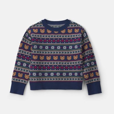 Kids Bear Fair Isle Sweater - Navy Blue