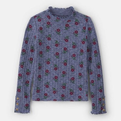 Girls Floral Long-Sleeve Mock Neck Top - Blue/Red