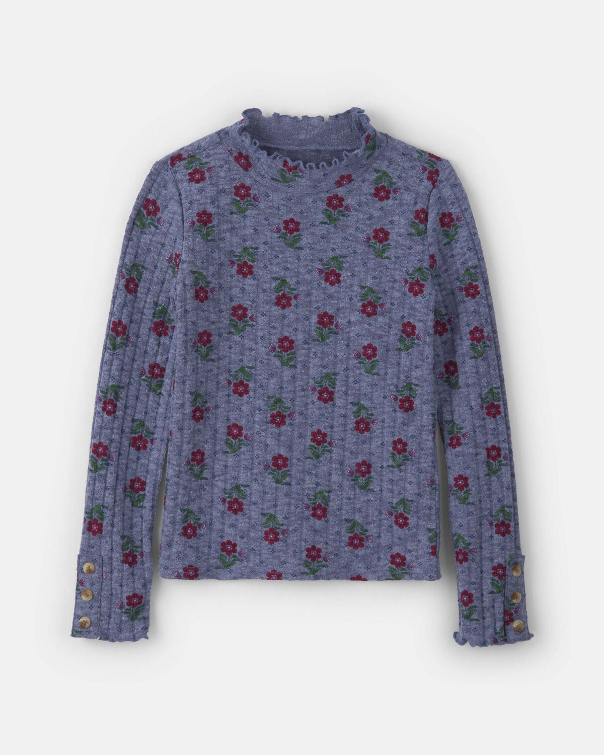 Girls Floral Long-Sleeve Mock Neck Top - Blue/Red