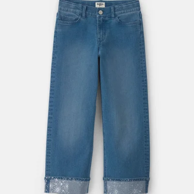 Girls Shine Denim Wide-Leg Jeans - Light Wash