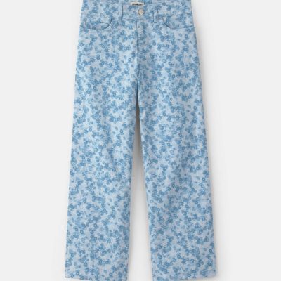 Girls Floral Twill Straight Pants - Blue
