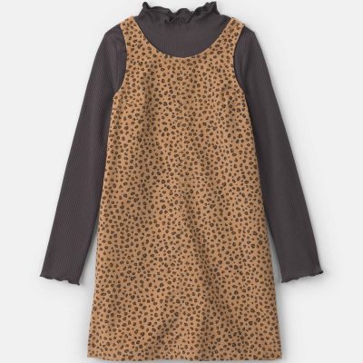 Girls 2-Piece Leopard Corduroy Long-Sleeve Dress Set - Brown/Black