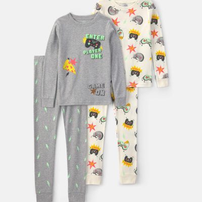 Boys 4-Piece Gamer Cotton Snug Fit Pajama Set - Grey