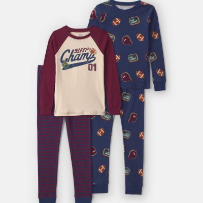 Boys 4-Piece 'Sleep Champs 01' 100% Cotton Snug Fit Pajama Set - Burgundy/Cream