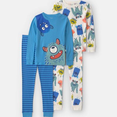 Boys 4-Piece Monster 100% Cotton Snug Fit Pajama Set - Blue