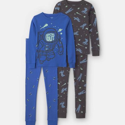 Boys 4-Piece Astronaut Glow in the Dark 100% Cotton Snug Fit Pajama Set - Blue
