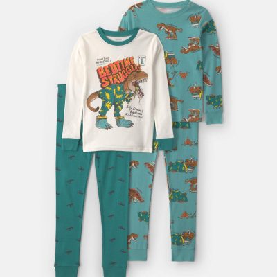 Boys 4-Piece Dinosaur 100% Cotton Snug Fit Pajama Set - Green