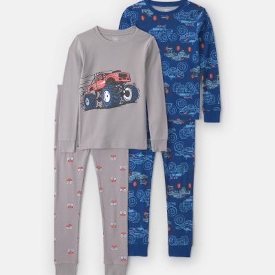 Boys 4-Piece Monster Truck 100% Cotton Snug Fit Pajama Set - Grey