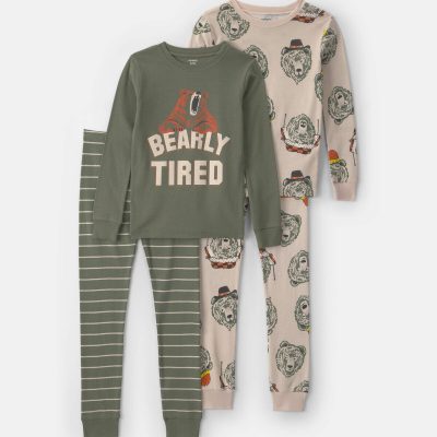 Boys 4-Piece 'Bearly Tired' 100% Cotton Snug Fit Pajama Set - Green/Cream
