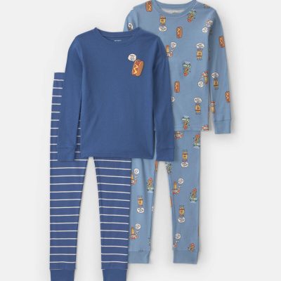 Boys 4-Piece Silly Food 100% Cotton Snug Fit Pajama Set - Blue
