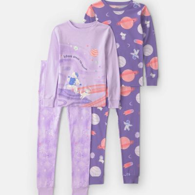 Girls 4-Piece Space Dog Glow in the Dark 100% Cotton Snug Fit Pajama Set - Purple