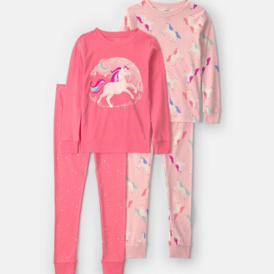 Girls 4-Piece Unicorn 100% Cotton Snug Fit Pajama Set - Coral/Pink