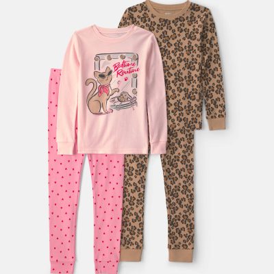 Girls 4-Piece 'Sassy Cat' Leopard 100% Cotton Snug Fit Pajama Set - Pink/Brown