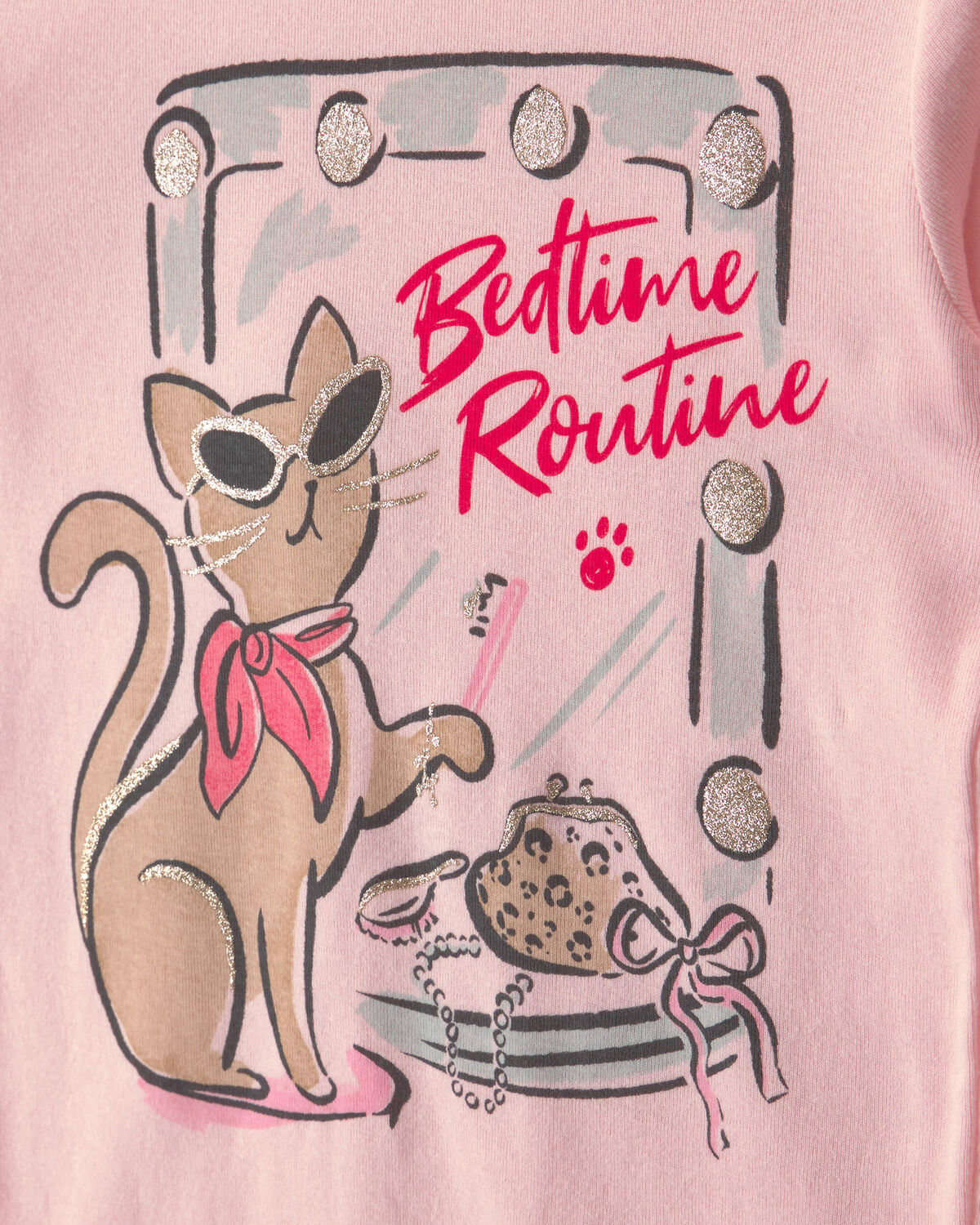 Girls 4-Piece 'Sassy Cat' Leopard 100% Cotton Snug Fit Pajama Set - Pink/Brown - Image 2