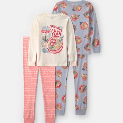 Girls 4-Piece Ramen 100% Cotton Snug Fit Pajama Set - Blue/Pink