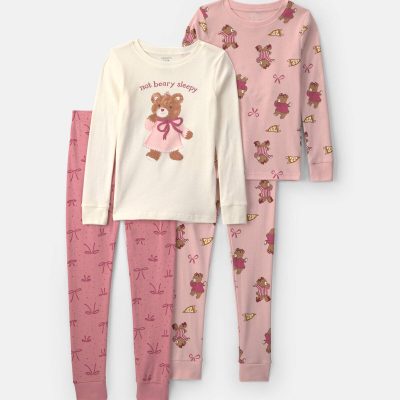 Girls 4-Piece Varsity Bear 100% Cotton Snug Fit Pajama Set - Pink/Cream