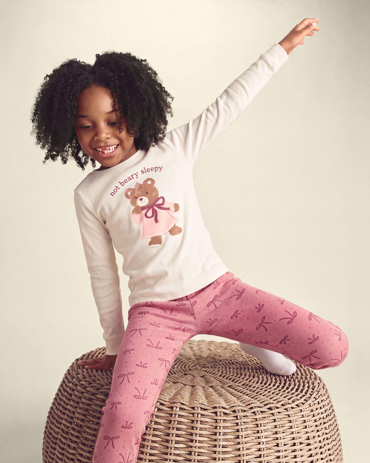 Girls 4-Piece Varsity Bear 100% Cotton Snug Fit Pajama Set - Pink/Cream - Image 5