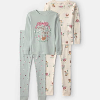 Girls 4-Piece Country Chicken 100% Cotton Snug Fit Pajama Set - Blue/Cream
