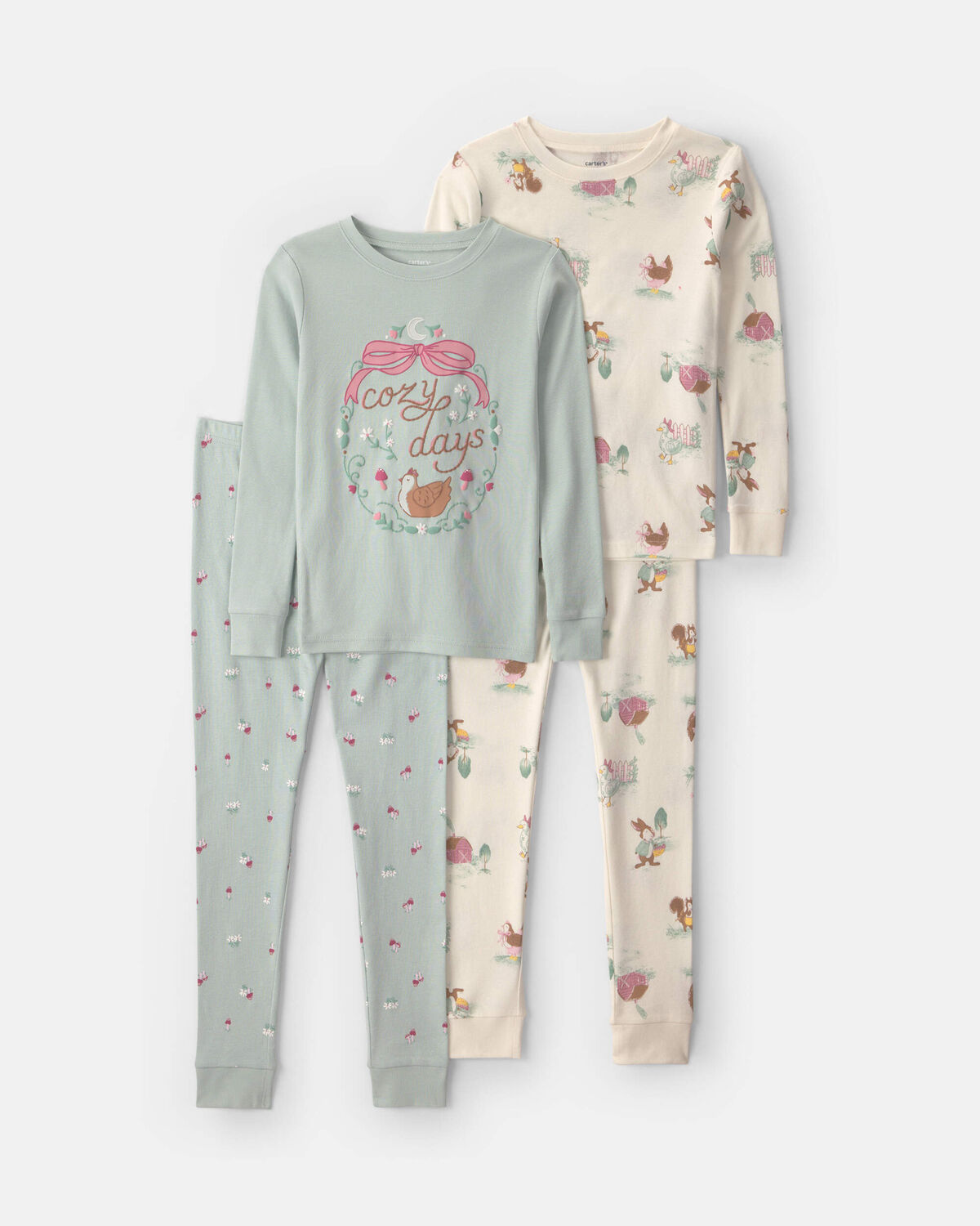 Girls 4-Piece Country Chicken 100% Cotton Snug Fit Pajama Set - Blue/Cream