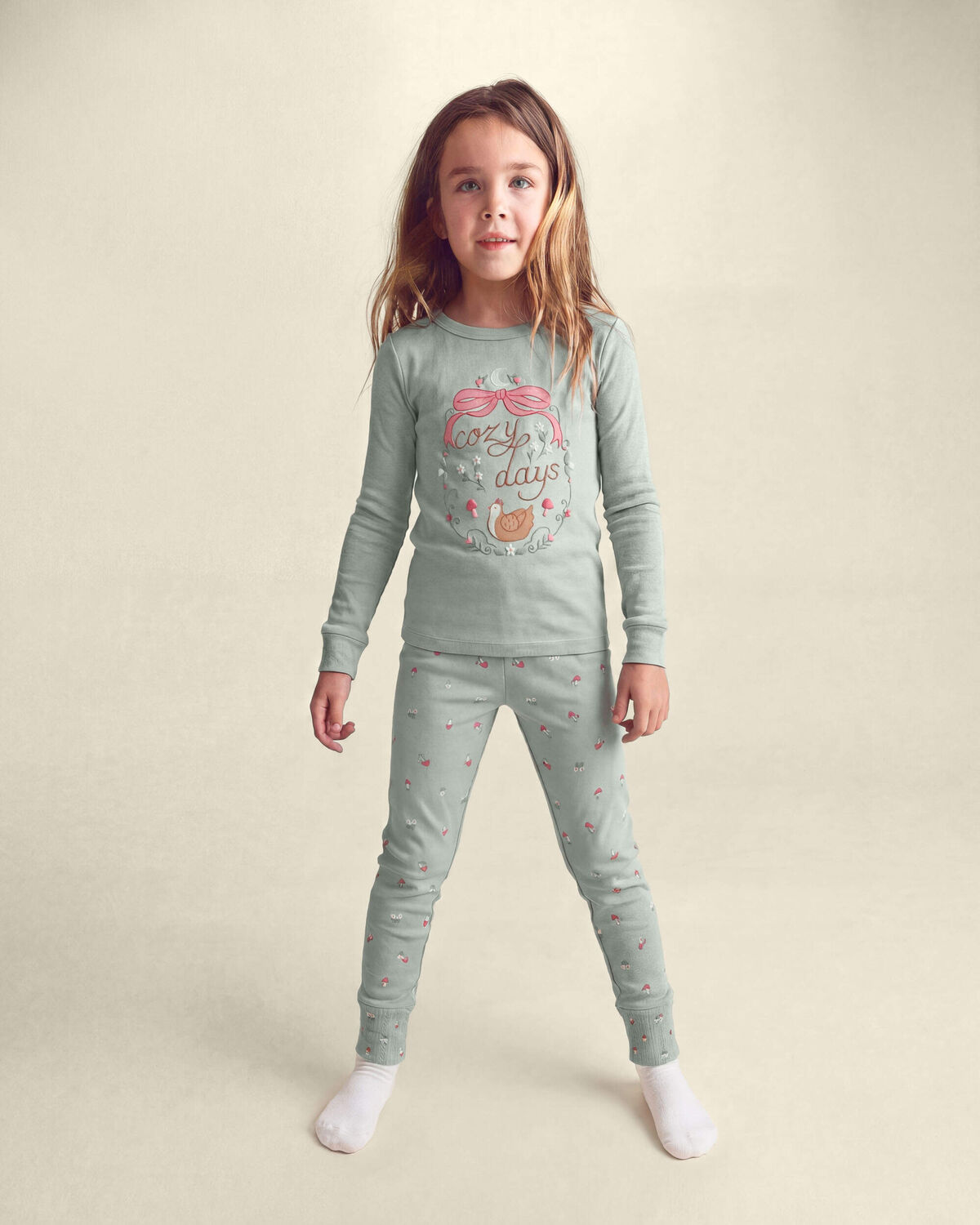 Girls 4-Piece Country Chicken 100% Cotton Snug Fit Pajama Set - Blue/Cream - Image 6