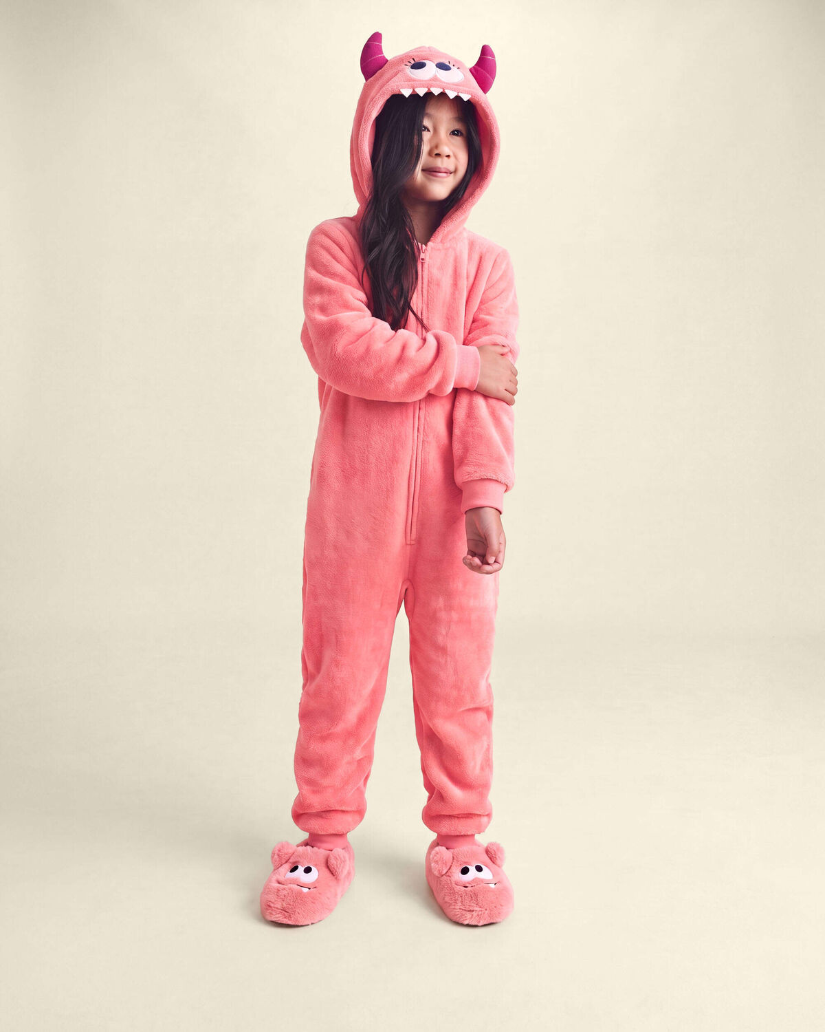 Girls 1-Piece Monster Halloween Fleece Pajama Costume - Coral - Image 2