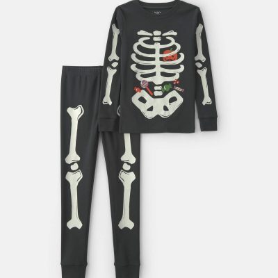 Kids 2-Piece Halloween Glow in the Dark Skeleton 100% Cotton Snug Fit Pajama Set - Charcoal