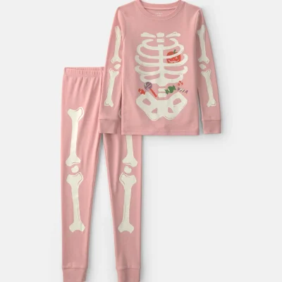 Girls 2-Piece Halloween Glow in the Dark Skeleton 100% Cotton Snug Fit Pajama Set - Pink