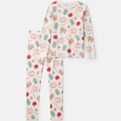 Kids 2-Piece Thanksgiving 100% Cotton Snug Fit Pajama Set - Cream