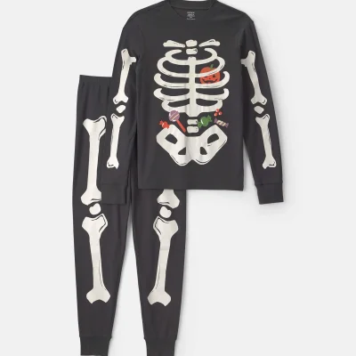 Adult 2-Piece Halloween Glow in the Dark Skeleton 100% Cotton Snug Fit Pajama Set - Charcoal