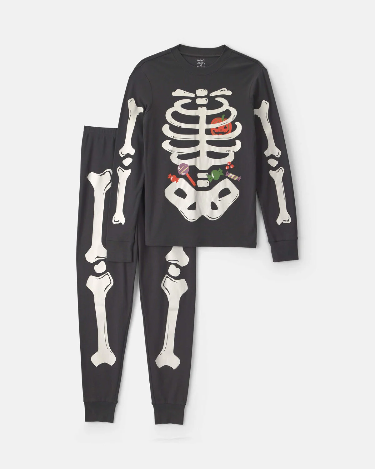 Adult 2-Piece Halloween Glow in the Dark Skeleton 100% Cotton Snug Fit Pajama Set - Charcoal