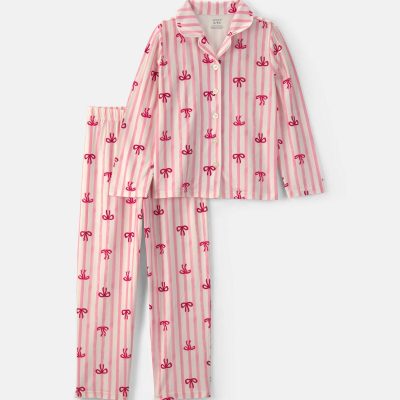 Girls Bow Print Relaxed Fit Pajama Set - Pink