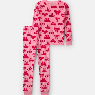 Girls 2-Piece Bows DreamPlush Snug Fit Pajama Set - Pink