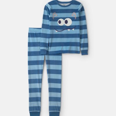 Boys 2-Piece Monster Striped DreamPlush Snug Fit Pajama Set - Blue