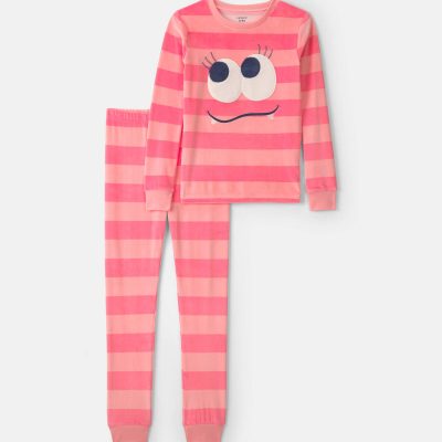 Girls 2-Piece Monster Striped DreamPlush Snug Fit Pajama Set - Coral