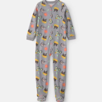 Boys 1-Piece Gamer Fleece Loose Fit Footed Pajama - Grey
